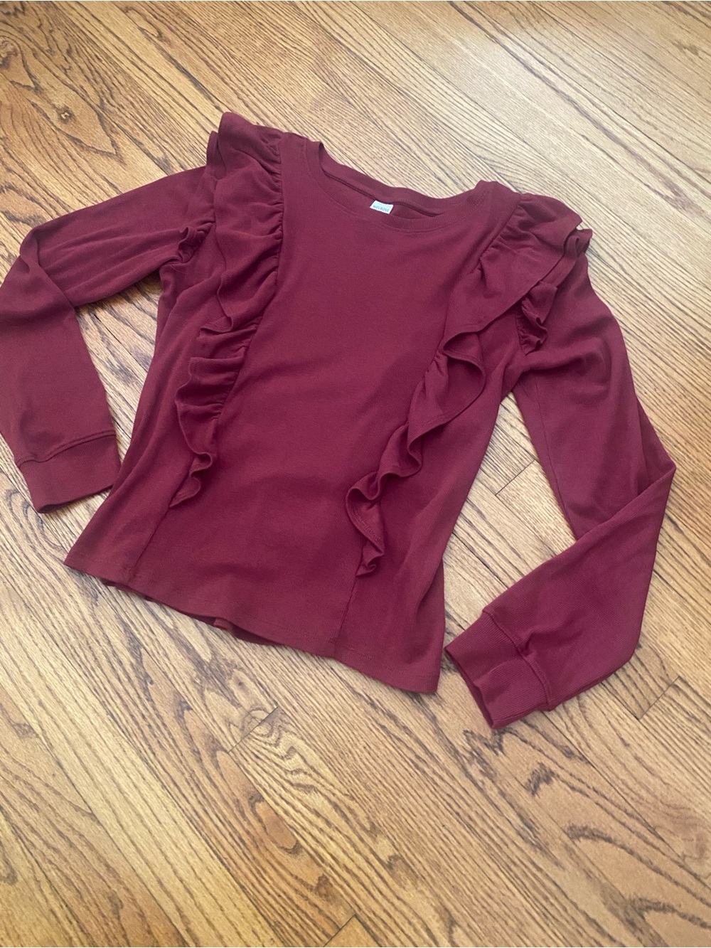 Melrose and Market Burgundy Ruffle Front Long Sleeve Top